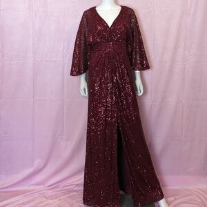 Nightway R&M Richards Dark Red Allover Sequins Kimono Sleeve Formal Evening Gown